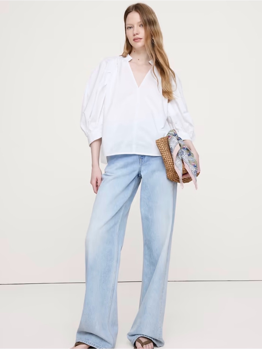 Banana Republic White Poplin V-Neck Puff-Sleeve Tunic